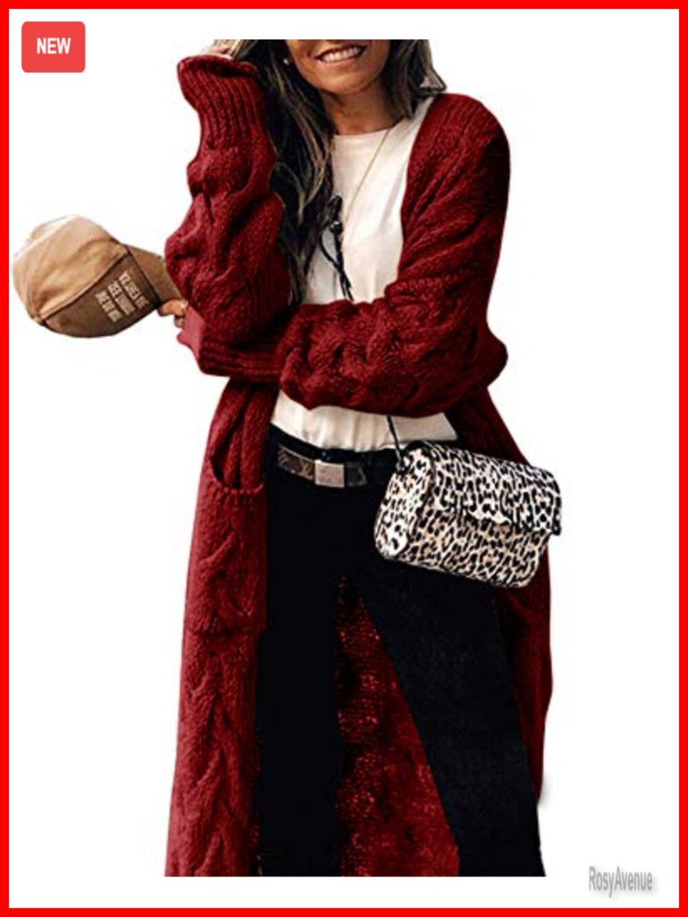 Women's Long Open Front Cardigan Chunky Cable Knit Sweater with Pockets